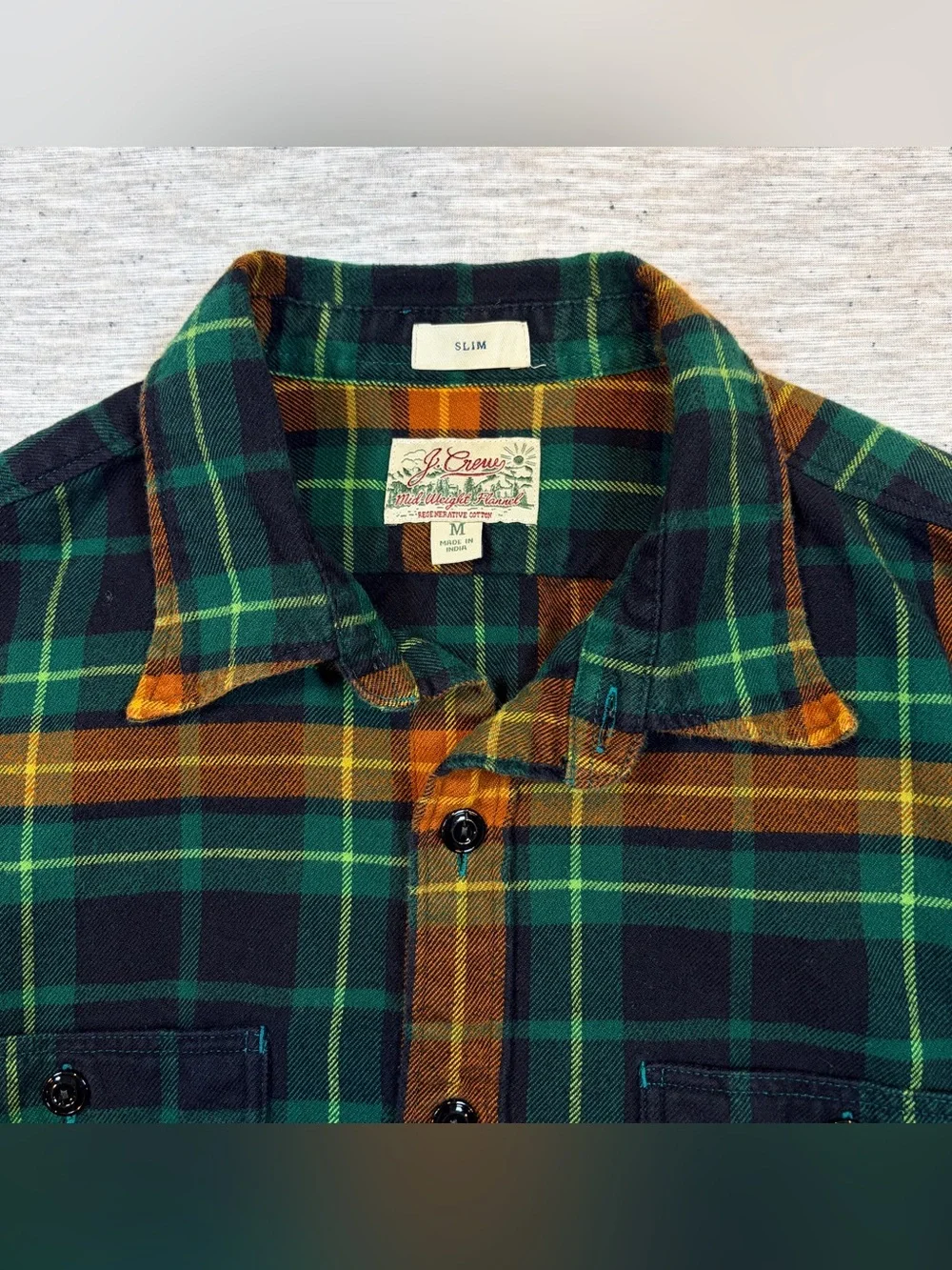 J. Crew Mens Slim Mid Weight Flannel Green Orange Plaid Size Medium